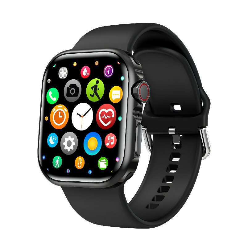 Huitich black smart watch with replaceable strap displaying colorful app icons on screen