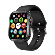 Black smartwatch with colorful app icons on a square touch screen, rubber strap