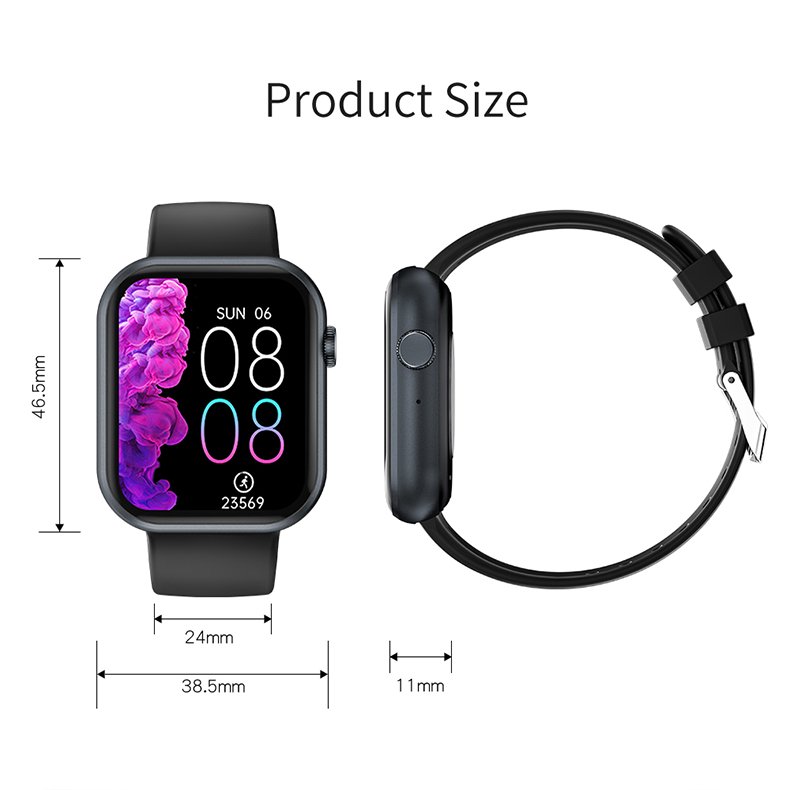 Huitich black smart watch with replaceable strap showing size dimensions in front and side views