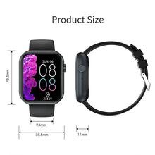 Black smartwatch and black silicone strap shown with product size dimensions