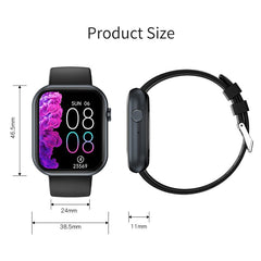 Huitich black smart watch with replaceable strap showing size dimensions in front and side views