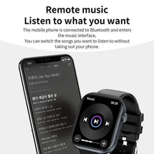 Black smartwatch showing remote music controls on a tilted square screen
