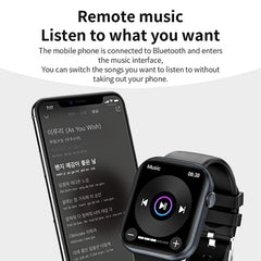 Huitich black smart watch with replaceable strap showing remote music control connected to smartphone