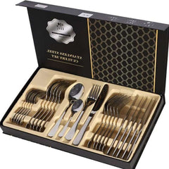 Huitich black stainless steel cutlery set in elegant black and gold packaging with knives forks and spoons
