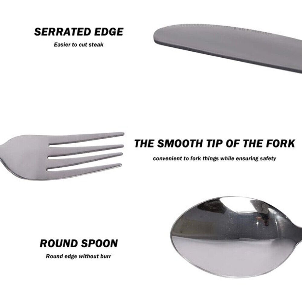 Huitich black stainless steel cutlery set featuring serrated knife, smooth fork tip, and round spoon