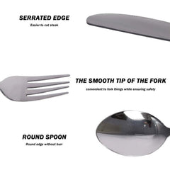 Huitich black stainless steel cutlery set featuring serrated knife, smooth fork tip, and round spoon