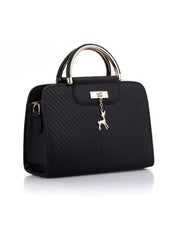 Huitich black top-handle handbag for women with textured design and silver deer charm