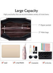 Black top-handle handbag for women by Huitich showing large capacity with multiple compartments and everyday essentials inside
