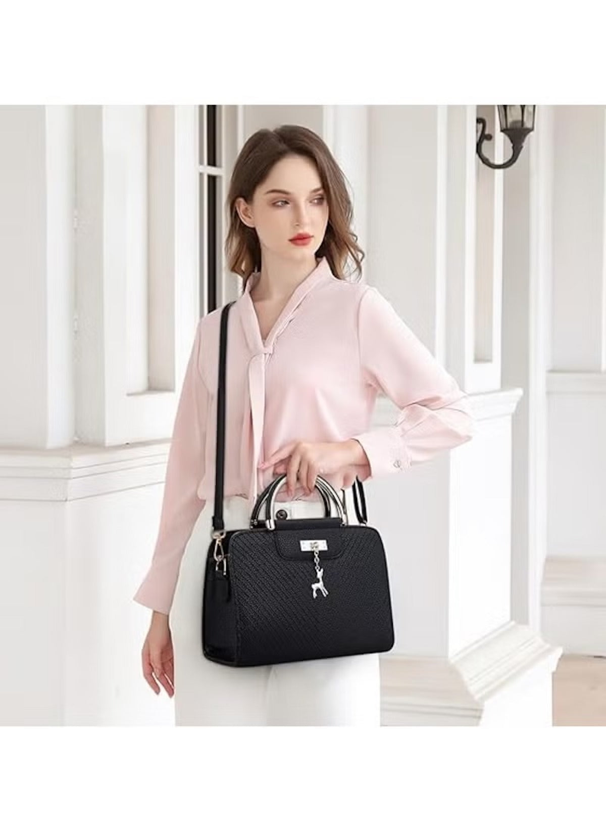 Huitich black top-handle handbag for women with textured design and detachable shoulder strap