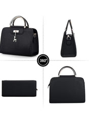 Huitich black top-handle handbag for women shown from multiple angles with silver handles and deer charm