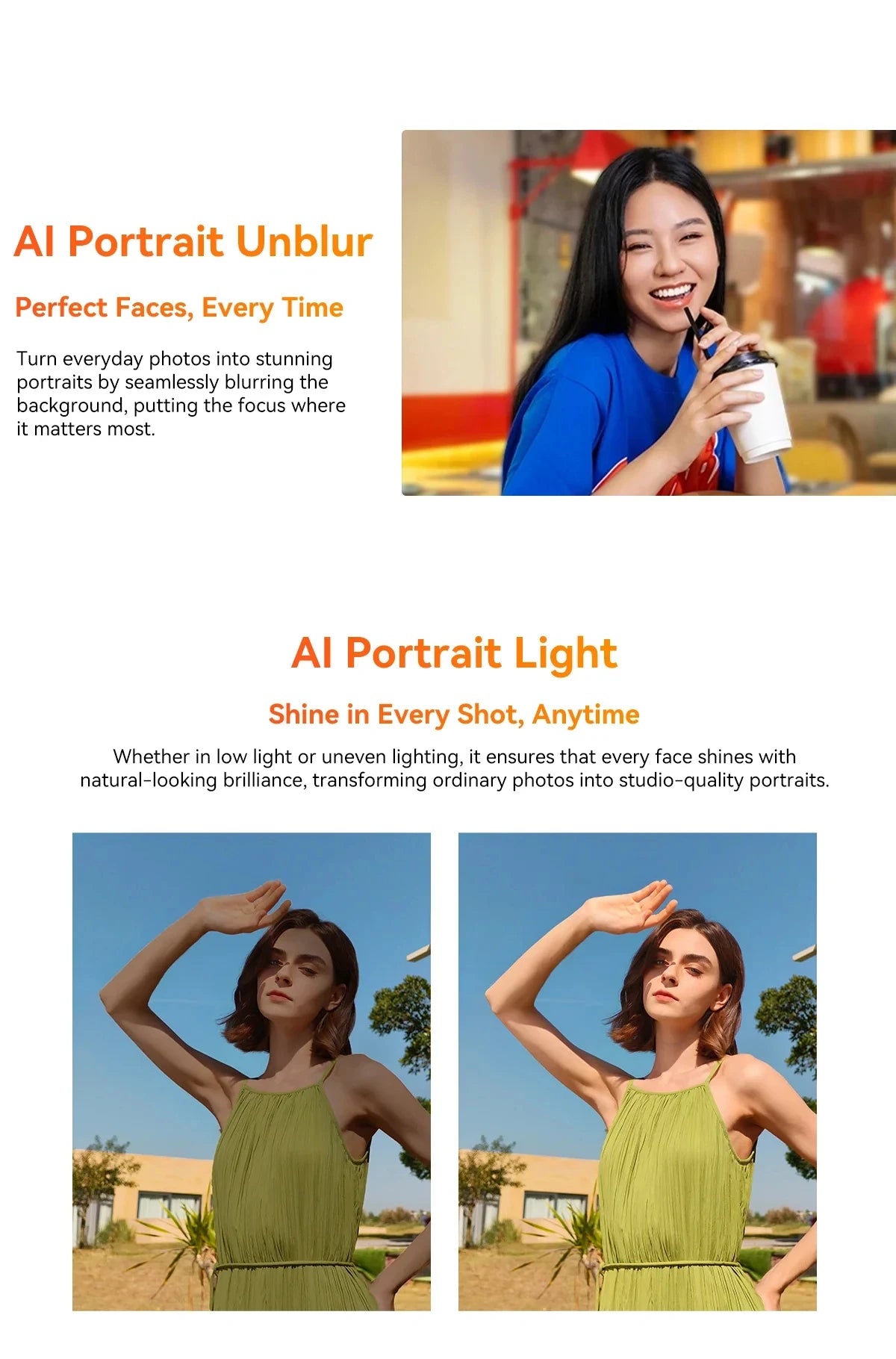 Blackview OSCAL Marine 2 rugged smartphone showing AI Portrait Unblur and Portrait Light sample photos and enhanced faces