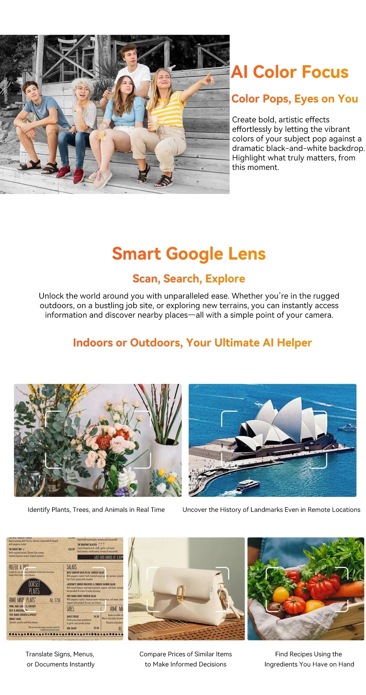 Blackview OSCAL Marine 2 rugged smartphone collage with friends on steps, AI Color Focus and Google Lens feature images