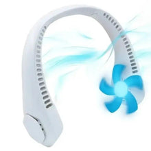 Neck fan with bladeless circular grille, white frame and blue three-blade propeller