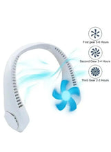 Wearable neck fan, white with blue propeller; runtime indicator icons for 3-6 hours