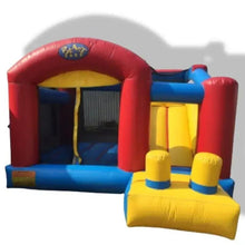 Inflatable bounce house with red arch, blue base, yellow side panels, and padded blocks