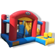 Inflatable bounce house with red tunnel arch, yellow slide area, and blue inflatable walls