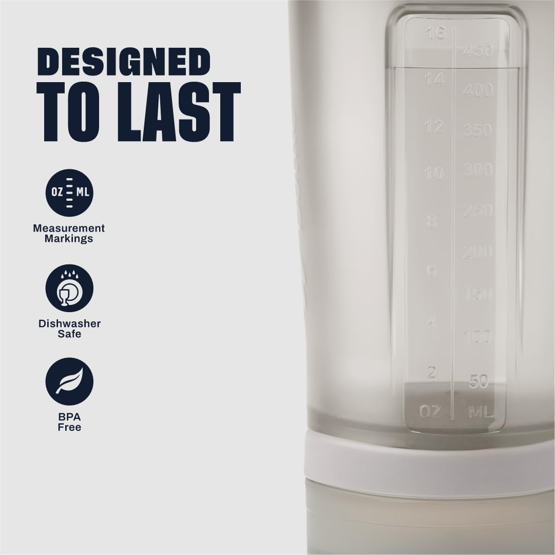 BlenderBottle shaker bottle with pill organizer translucent bottle with measurement markings white lid dishwasher safe BPA free
