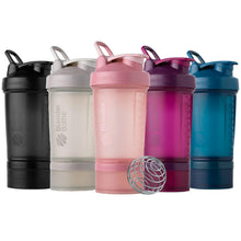 Set of shaker bottles with pill organizer in black, light gray, pink, purple, blue