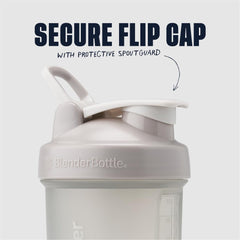 BlenderBottle shaker bottle with pill organizer showing secure flip cap with protective spoutguard and carry loop