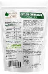 BLISS OF EARTH pouch of Ceylon cinnamon sticks Sri Lanka labeled 100 percent pure organic with nutrition facts