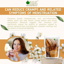 Bliss of Earth Ceylon cinnamon pouch with menstrual symptom reduction info