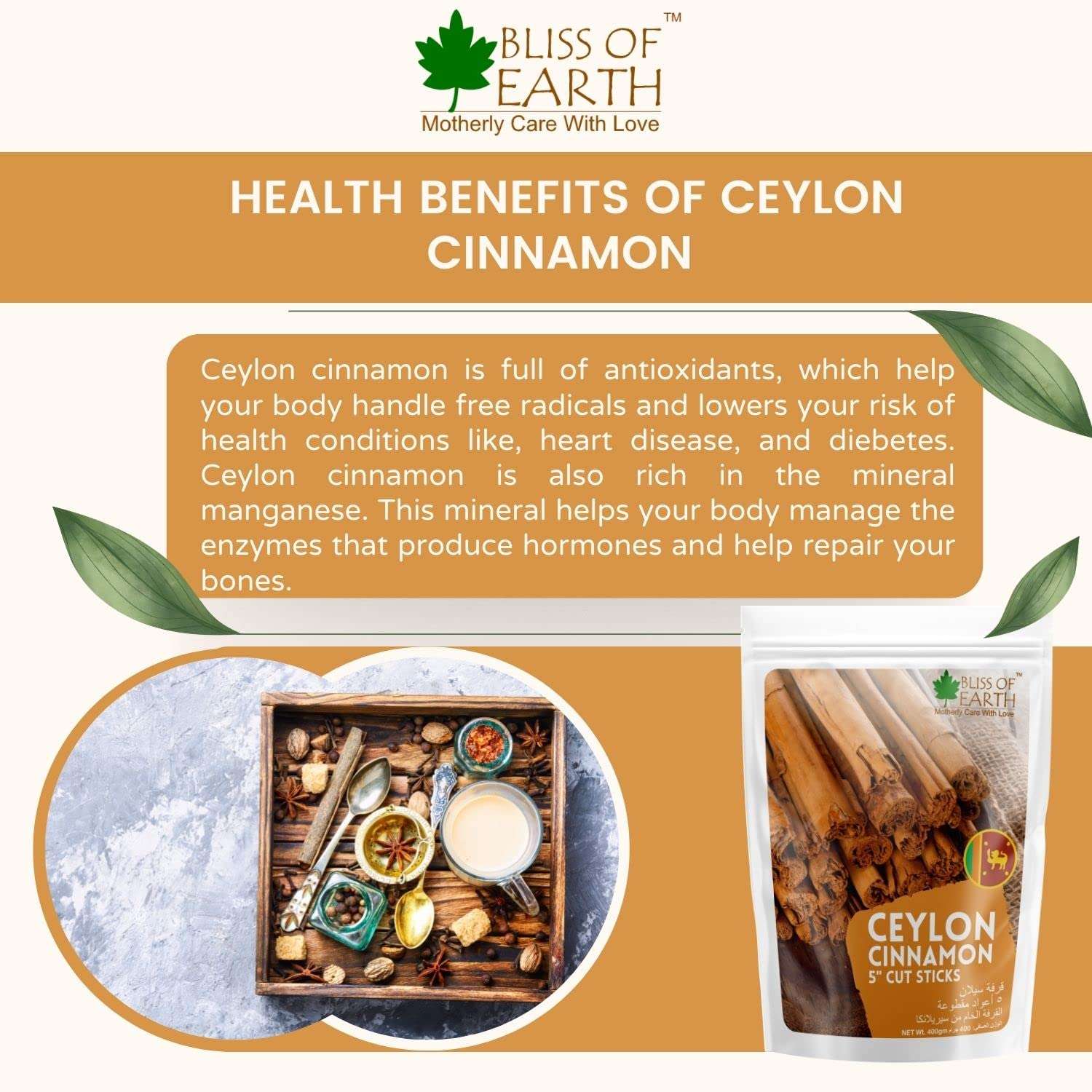 BLISS OF EARTH package and bowl of spices with wooden tray showing Ceylon cinnamon sticks Sri Lanka