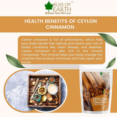 BLISS OF EARTH package and bowl of spices with wooden tray showing Ceylon cinnamon sticks Sri Lanka