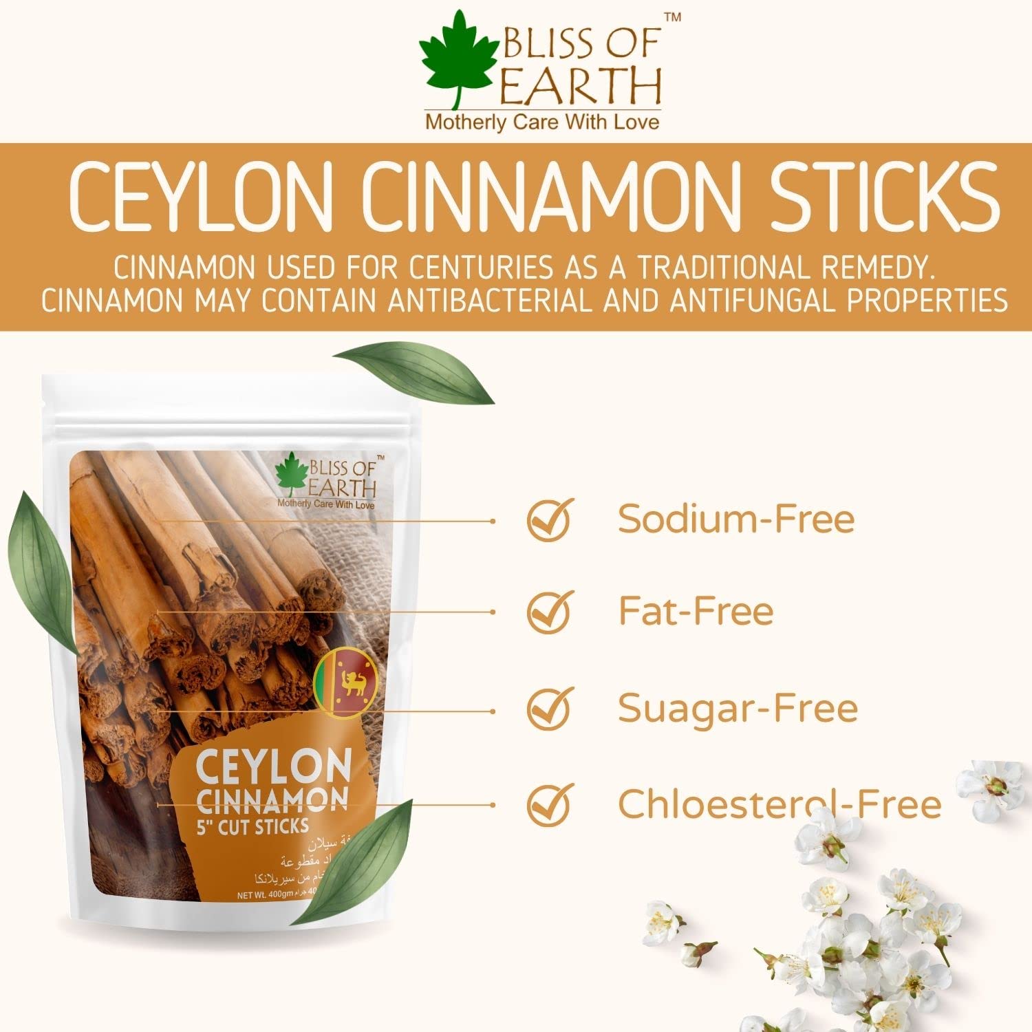 BLISS OF EARTH package of Ceylon cinnamon sticks Sri Lanka in resealable bag with sodium free claims