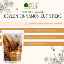 Bliss of Earth Ceylon cinnamon cut sticks pouch with health benefit icons