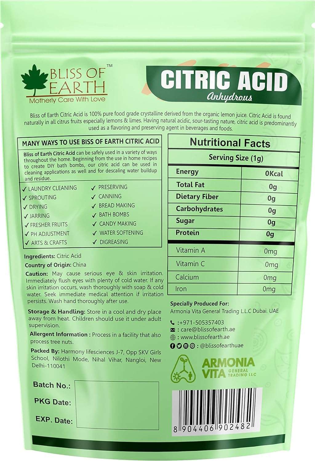BLISS OF EARTH citric acid powder food grade resealable green pouch showing label and nutritional facts