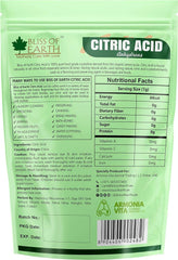 BLISS OF EARTH citric acid powder food grade resealable green pouch showing label and nutritional facts
