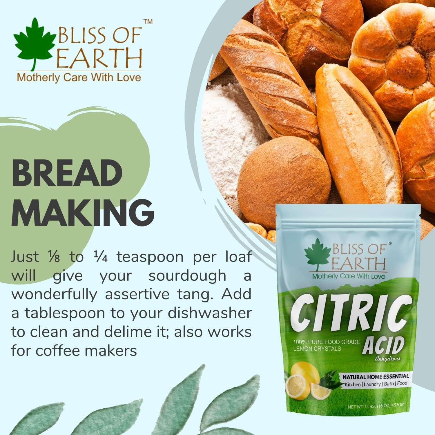 BLISS OF EARTH citric acid powder food grade pouch beside assorted bread loaves for bread making