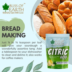 BLISS OF EARTH citric acid powder food grade pouch beside assorted bread loaves for bread making