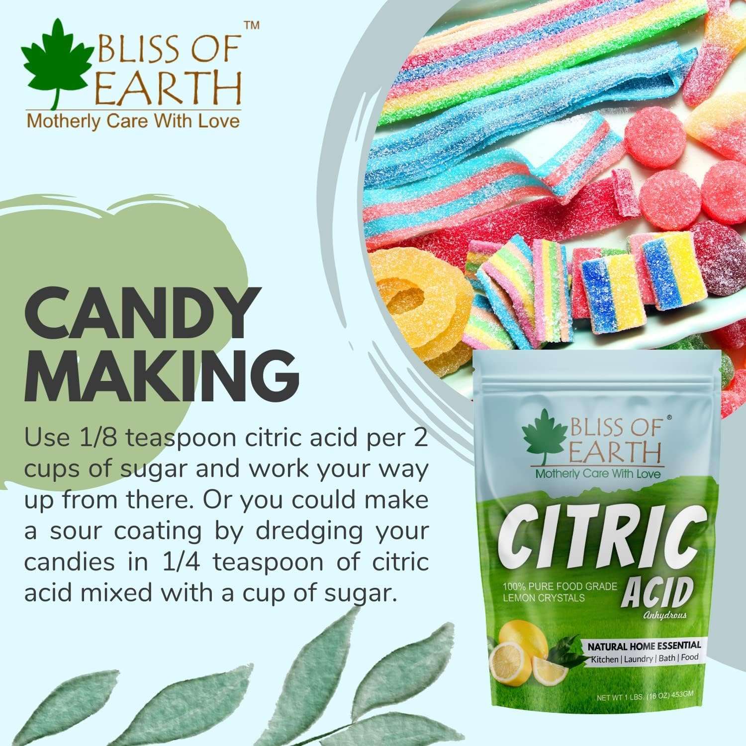 Bliss of Earth bag of citric acid for candy making with colorful candies citric acid powder food grade