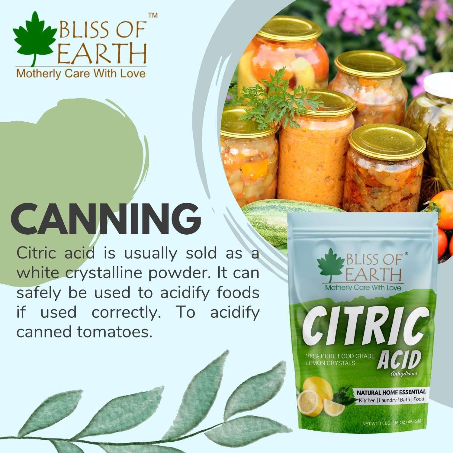 Bliss of Earth citric acid powder food grade pouch next to canned vegetables and home canning jars