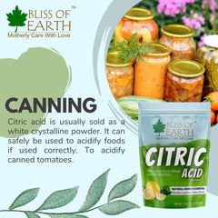 Bliss of Earth citric acid powder food grade pouch next to canned vegetables and home canning jars
