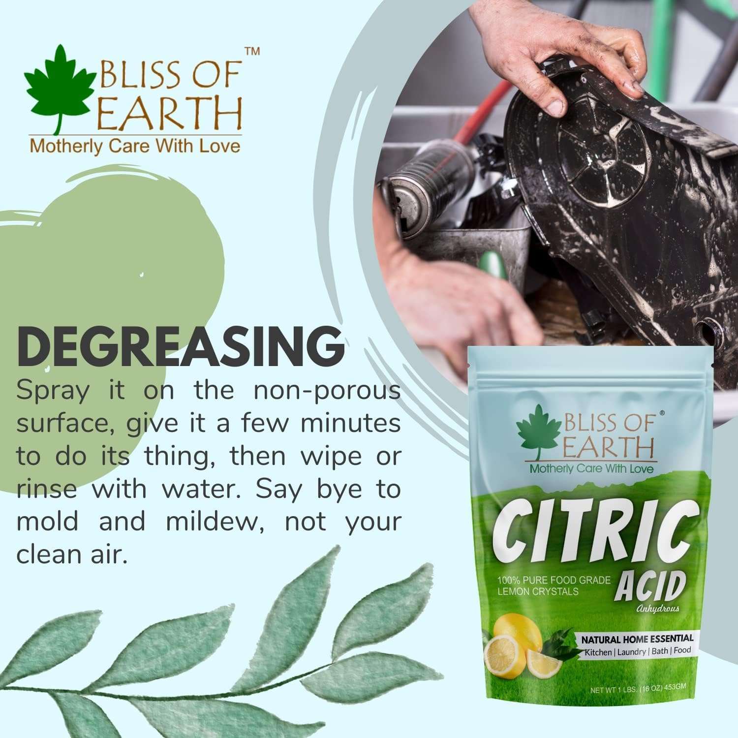 BLISS OF EARTH citric acid powder food grade pouch displayed with degreasing cleaning use for kitchen and mold removal