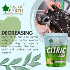 BLISS OF EARTH citric acid powder food grade pouch displayed with degreasing cleaning use for kitchen and mold removal