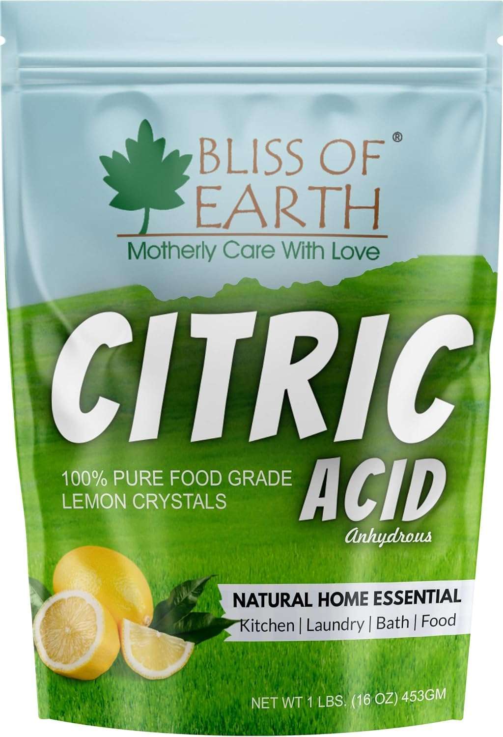 BLISS OF EARTH citric acid powder food grade pouch 1 lb with lemon graphic natural home essential