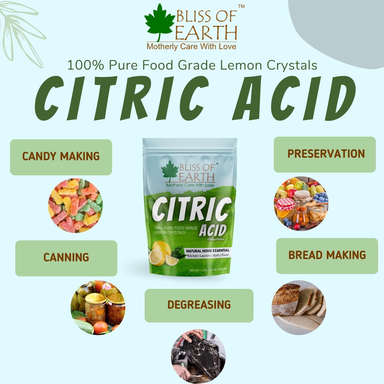BLISS OF EARTH packet of citric acid powder food grade for candy canning preservation bread making degreasing