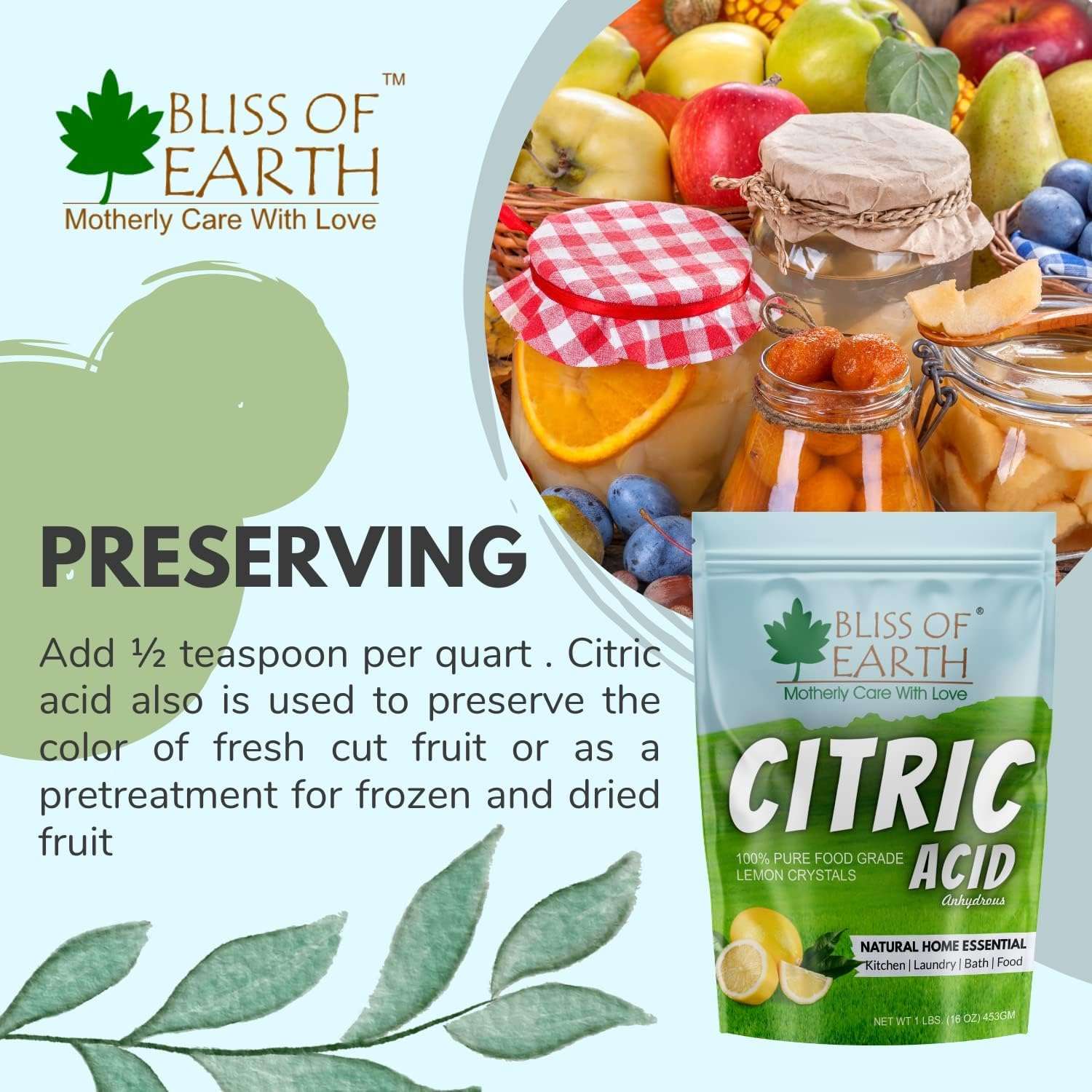 BLISS OF EARTH citric acid powder food grade pouch with fresh fruits and jars showing preserving use