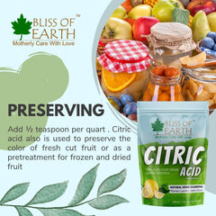 BLISS OF EARTH citric acid powder food grade pouch with fresh fruits and jars showing preserving use