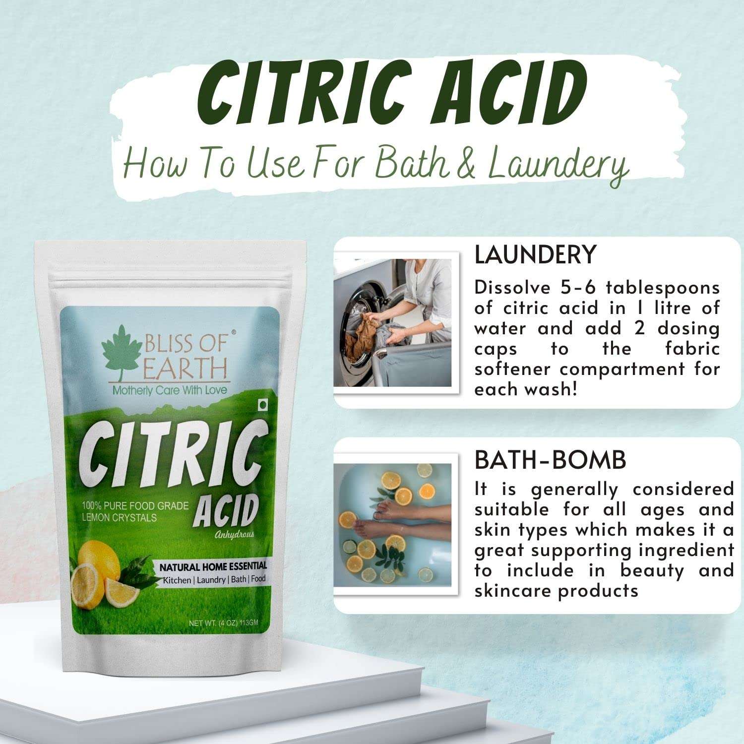 Bliss of Earth citric acid pouch and infographic showing bath and laundry uses with food grade citric acid powder