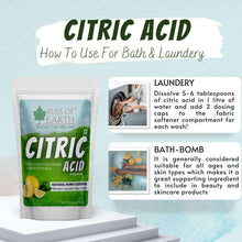 Bliss of Earth citric acid pouch with 'How To Use' layout for bath and laundry