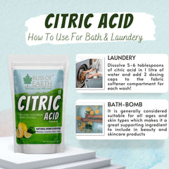 Bliss of Earth citric acid pouch and infographic showing bath and laundry uses with food grade citric acid powder