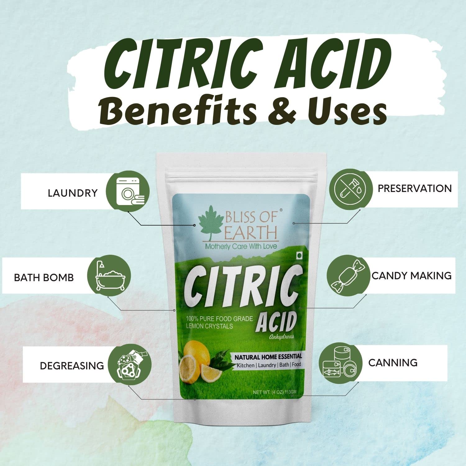 BLISS OF EARTH pouch of citric acid showing uses laundry preservation bath bombs candy making with food grade citric acid powder