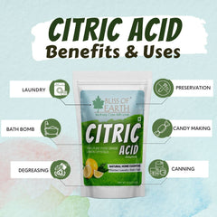 BLISS OF EARTH pouch of citric acid showing uses laundry preservation bath bombs candy making with food grade citric acid powder
