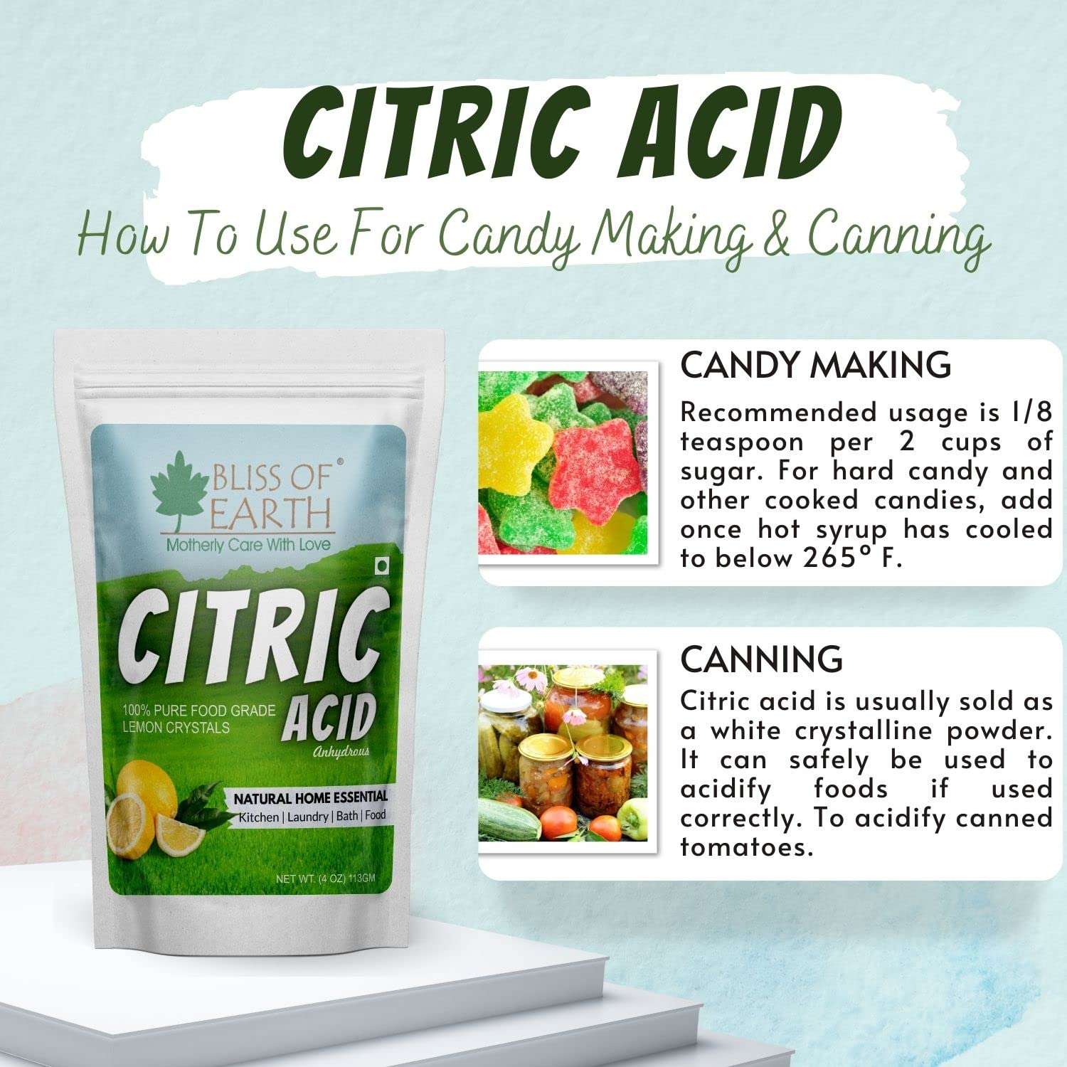BLISS OF EARTH citric acid pouch with candy and canned jars for candy making and canning with food grade citric acid powder