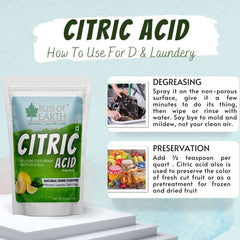 BLISS OF EARTH citric acid pouch with usage tips for degreasing and preservation food grade citric acid powder