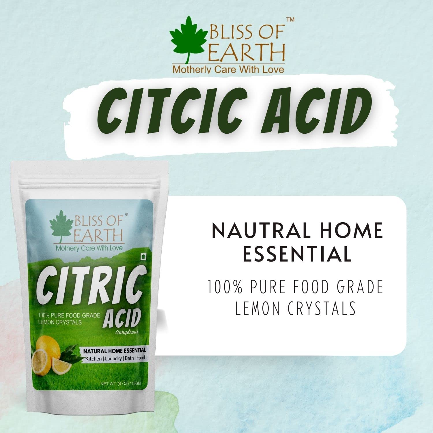 BLISS OF EARTH citric acid lemon crystals pouch natural home essential food grade citric acid powder
